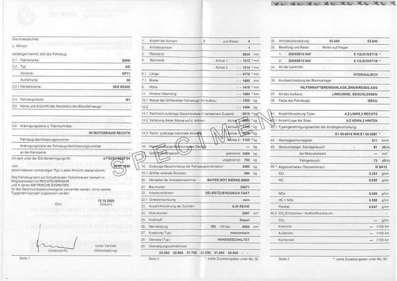 Exemple certificat de conformité Bmw Z4